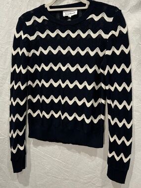 heartlom NEW blue white crochet knit ocean wave print cotton sweater XS